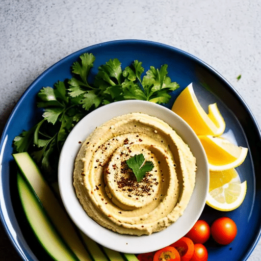 White dish of hummus, surrounded by vegetables on a blue plate