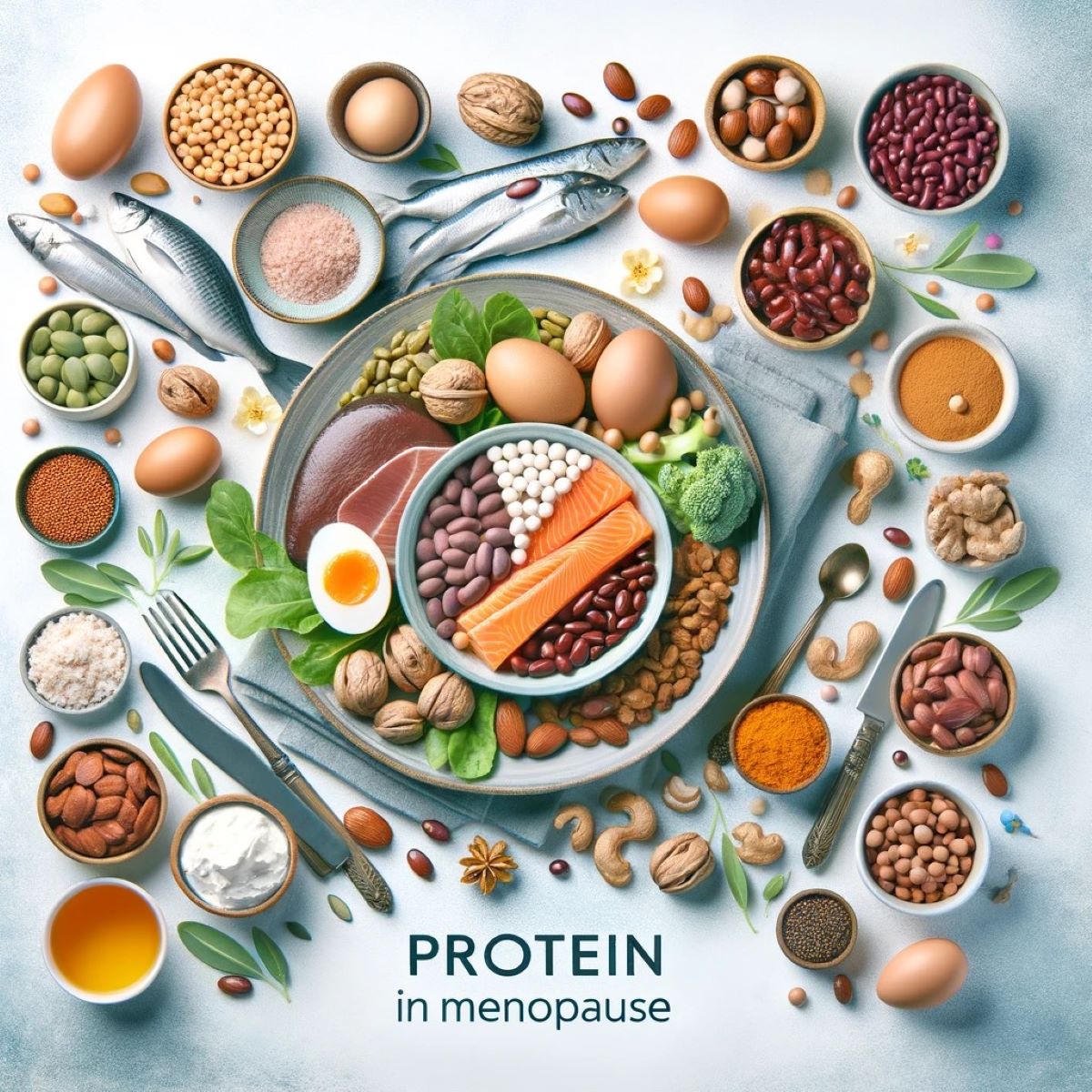 A balanced plate surrounded by foods with a focus on protein-rich foods for menopause.