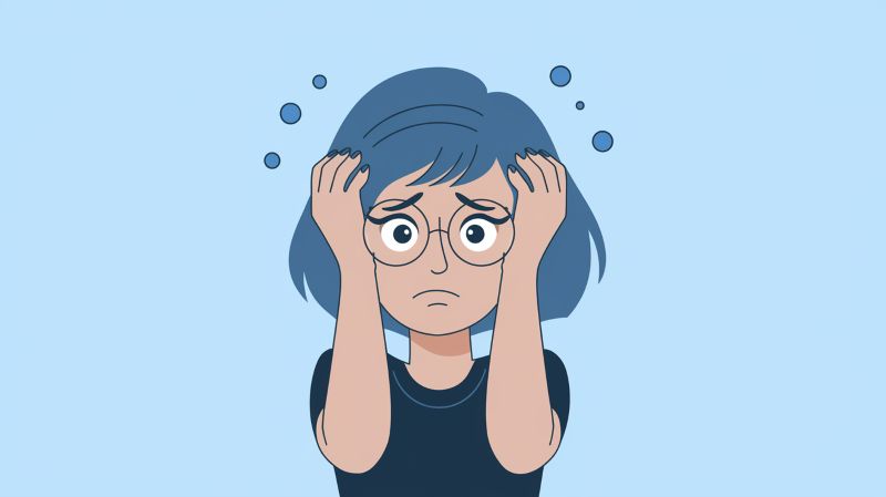 A cartoon illustration of a 40-year-old female character worried about her hydration and menopause..