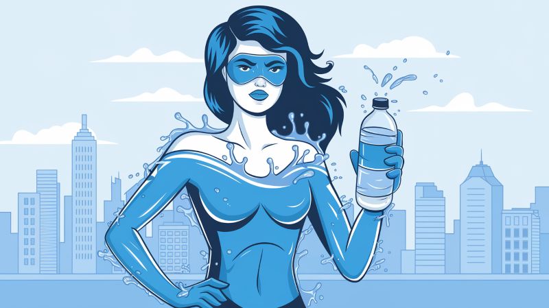 An illustration of a female superhero made of water. She is holding a bottle of water in her hand, knowing the importance of hydraton during menopause.