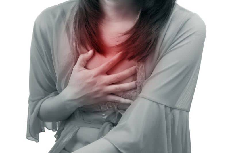 Woman clutching her chest with a red burning sensation