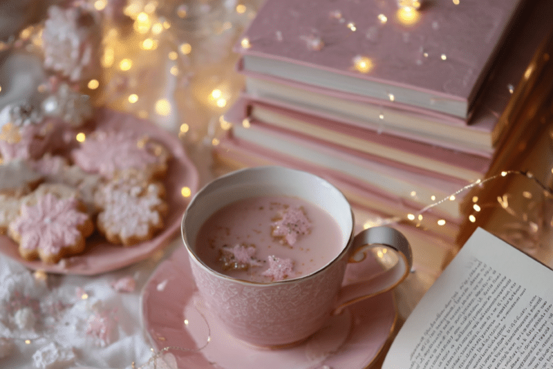 Cup of tea and cookies besides a stack of books