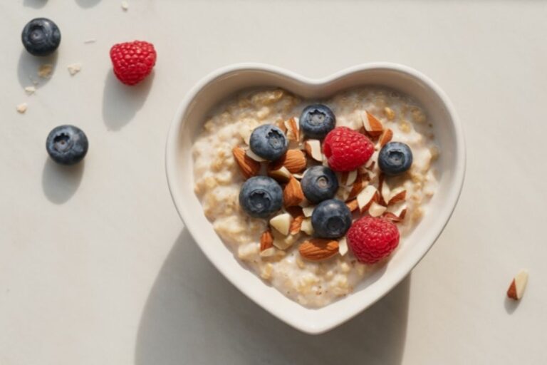 Heart shaped bowl of oatmeal, berries and nuts to lower cholesterol in menopause