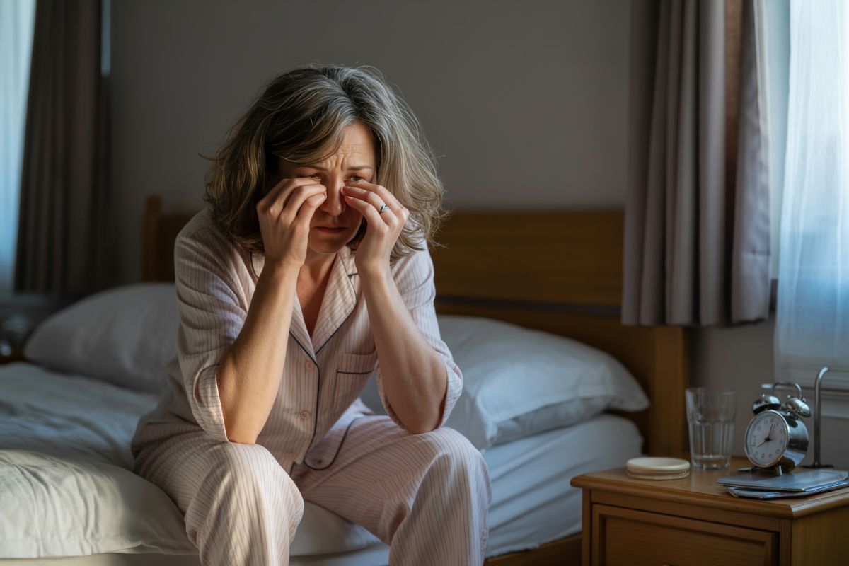 Woman sitting on a bed rubbing her eyes, looking tired and frustrated as morning light comes through the window. This scene introduces the topic of whether diet can help with sleep in menopause.
